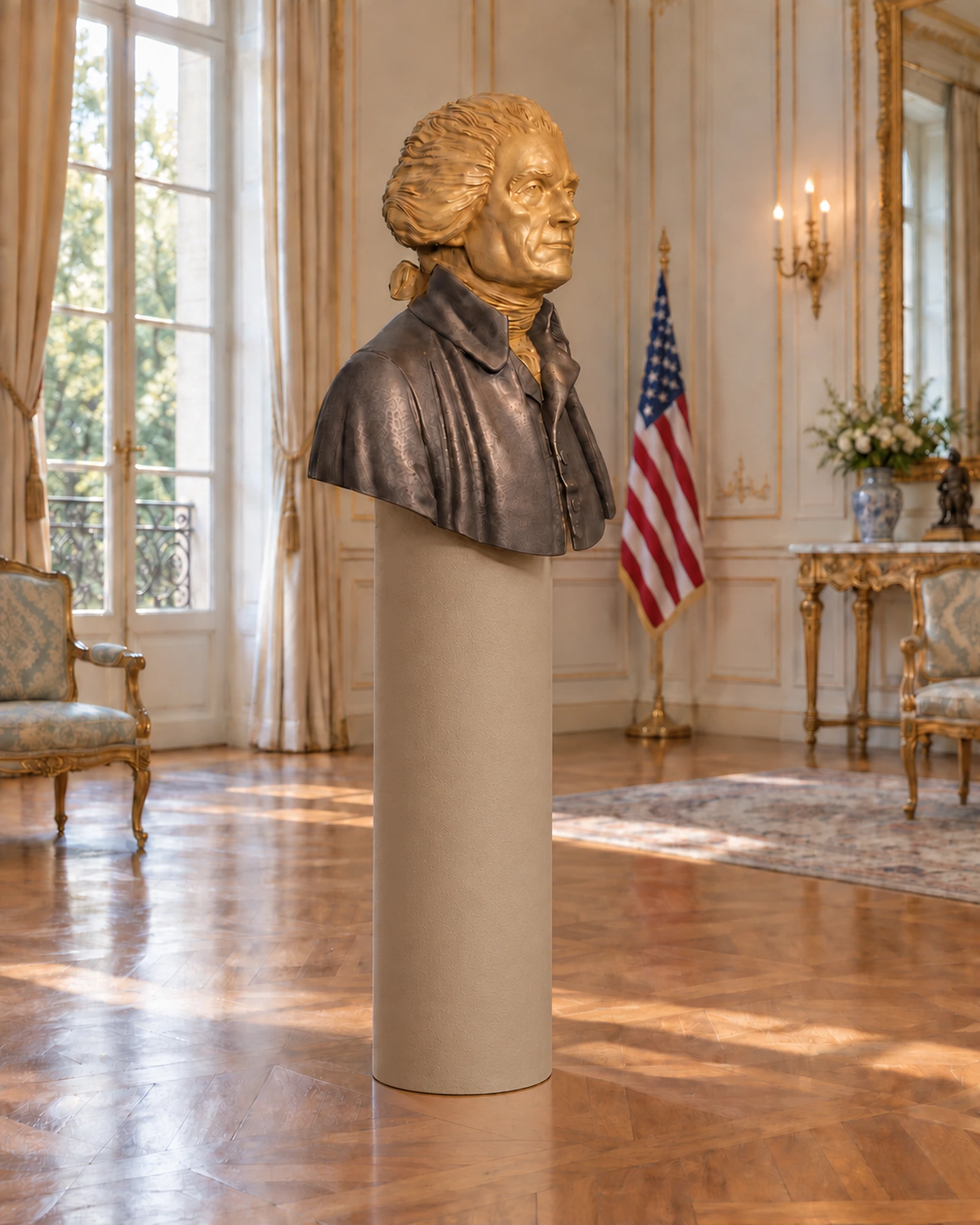 Placement visualization of the 85 cm Jefferson bust in a formal embassy reception room with a U.S. flag