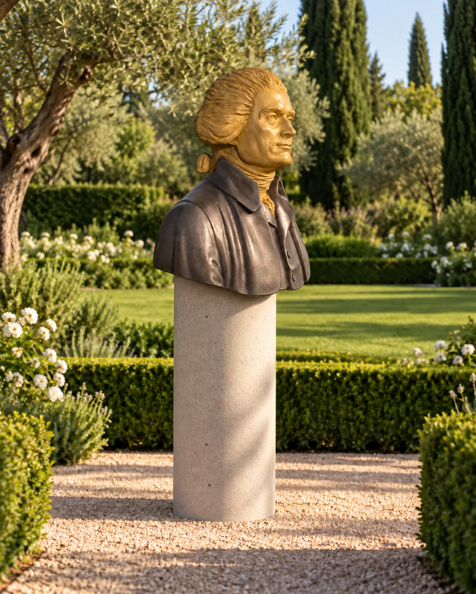 Placement visualization of the 100 cm Jefferson bust on a concrete cylinder in a formal garden
